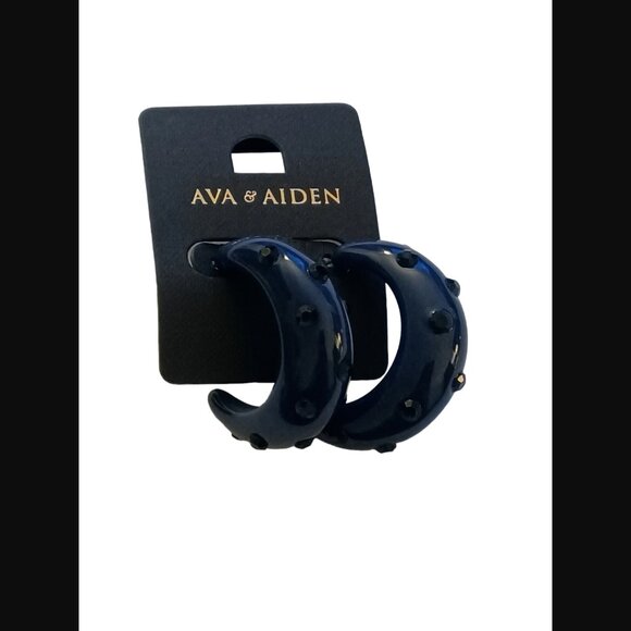 Ava & Aiden Dark Blue Acrylic Rhinestone Open Hoop Chunky Stud Earrings NWT - Picture 4 of 5